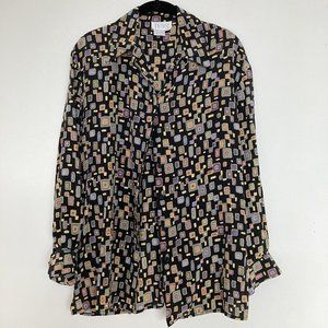 Tess Silk Button-Down Blouse Mid-Century Pattern Design Black and Pastel